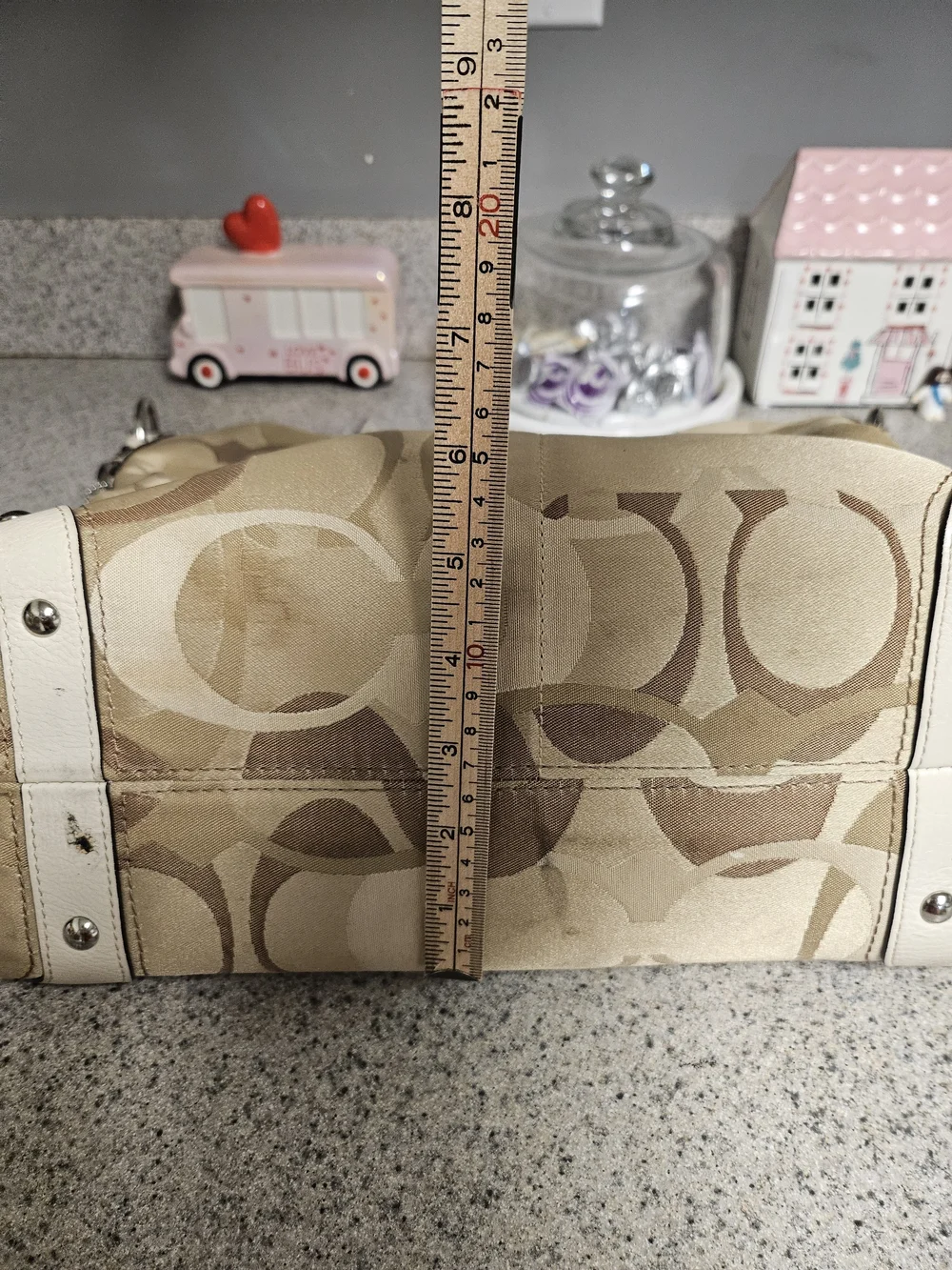 Coach Vintage LARGE F11961 Carly Beige Signature C & Leather Shoulder Bag